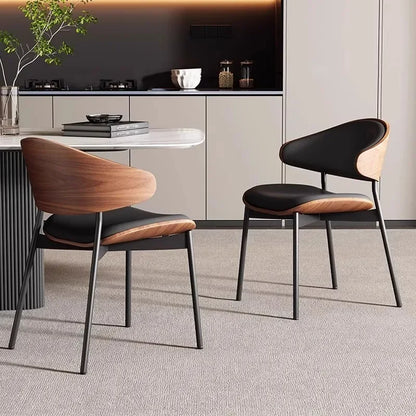 Set van 2 of 1 eetkamerstoelen van echt leer – Moderne stoel in mid-century stijl met gevoerde bekleding, perfect voor keuken en eetkamer in zwart notenhout en gebogen fineer.