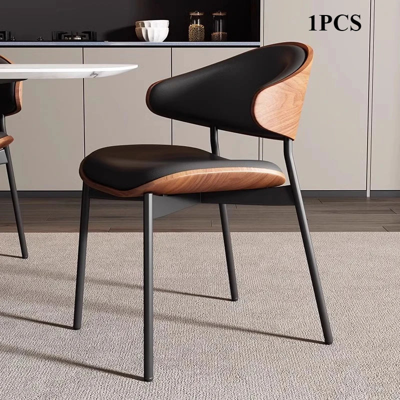 Set van 2 of 1 eetkamerstoelen van echt leer – Moderne stoel in mid-century stijl met gevoerde bekleding, perfect voor keuken en eetkamer in zwart notenhout en gebogen fineer.