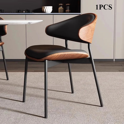 Set van 2 of 1 eetkamerstoelen van echt leer – Moderne stoel in mid-century stijl met gevoerde bekleding, perfect voor keuken en eetkamer in zwart notenhout en gebogen fineer.